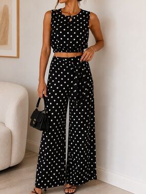 Julia by Love J Polka Dot 2 Piece Set Crop Top Wide Leg Pants Size Large